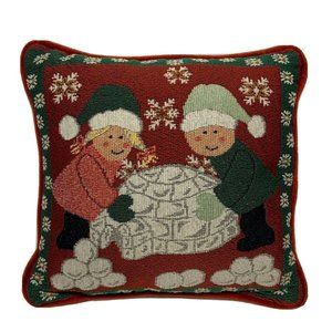 Christmas Throw Pillow Boy And Girl Building Igloo 12"x12"x3" Holiday Needlew